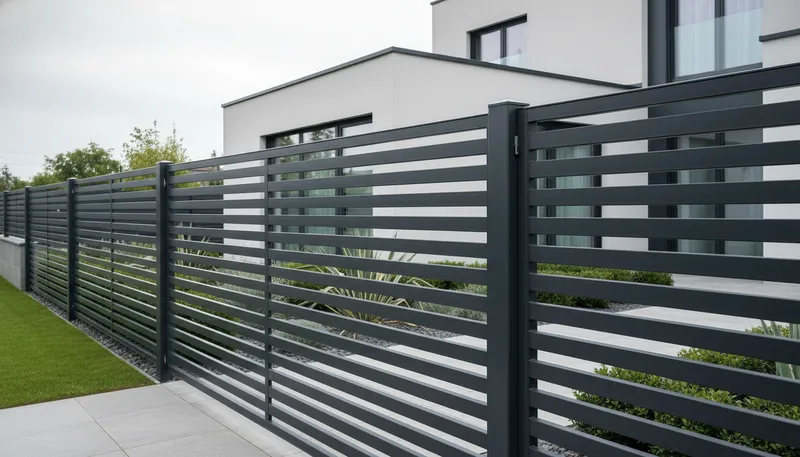 Moderner Metallzaun an Wohngrundstück